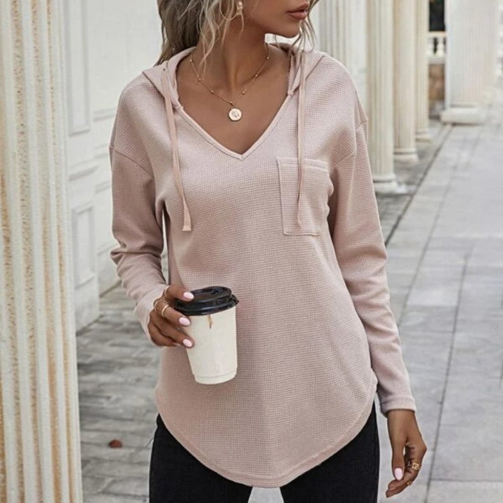 Comfy Curved Hem Drop Shoulder Drawstring Hoodie Top light apricot blush - Picture 2 of 8